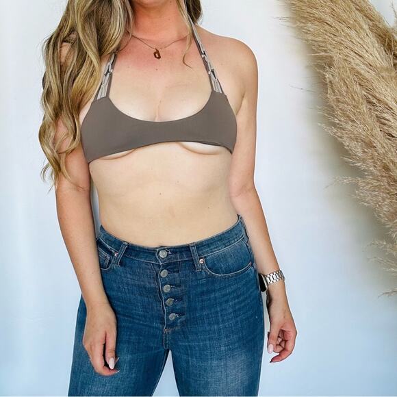 ANTHROPOLOGIE SIEMPRE GOLDEN Tan Beige Cream Halter Tie Multi Strap Bikini Top S - Picture 7 of 7